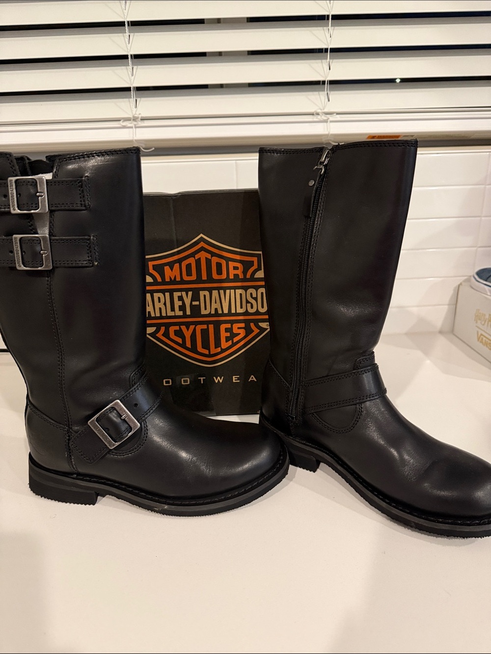 Harley-Davidson Black Leather Buckle Mid-Calf Motorcycle Boots